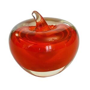 Art Glass Exquisite Red Apple Paperweight Clear Stem Hand Crafted